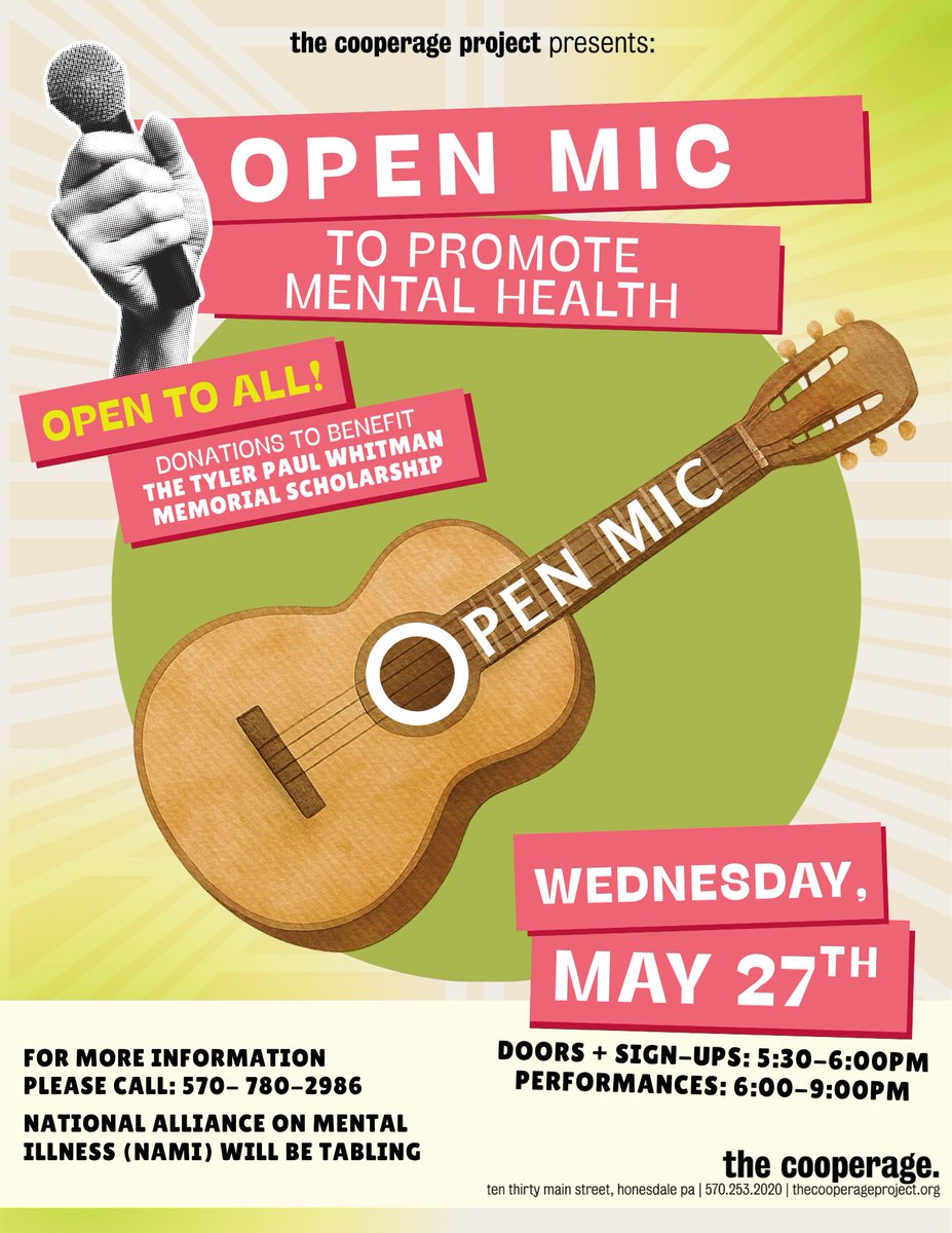 waynecountypa's tweet photo. The @CooperageProj is hosting an Open Mic to benefit the Tyler Paul Whitman Memorial Scholarship!

🗓️ Wednesday, May 27th
⏰ Sign ups - 5:30pm
⏰ Performances - 6pm
📍 1030 Main St, Honesdale, PA 18431
📞 (570) 780-2986 https://t.co/wk2Ypf3cLl