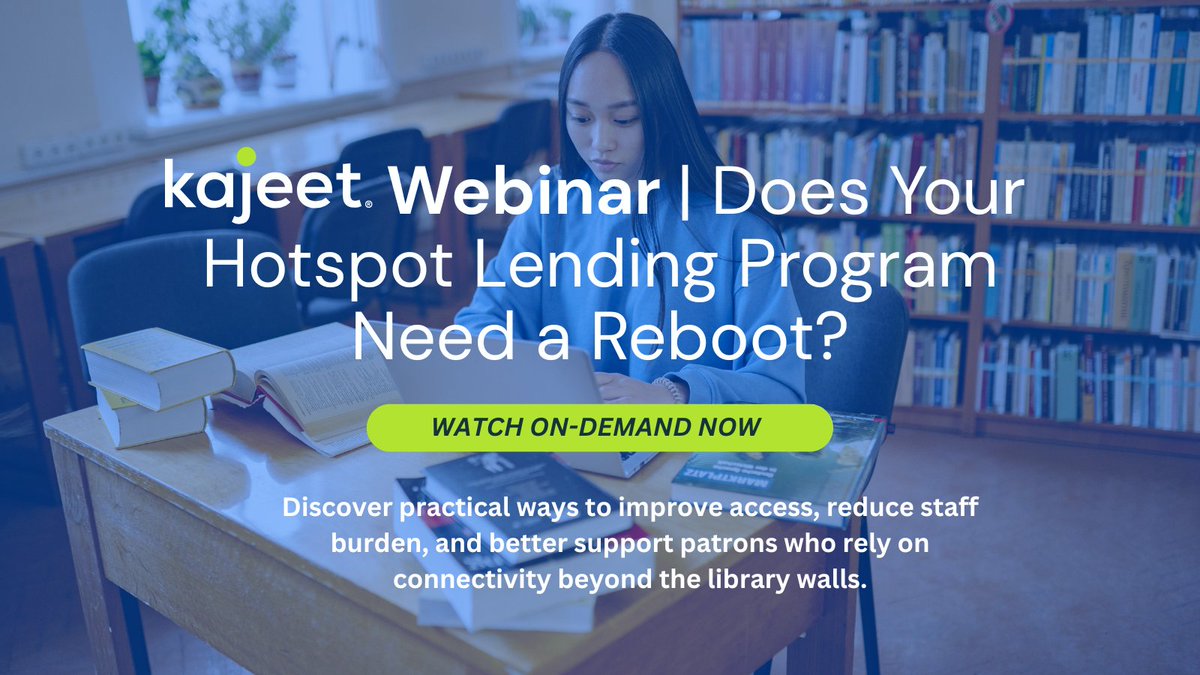 Kajeet's tweet photo. Is your library's hotspot lending program keeping up with the evolving connectivity needs of your community?

Watch our on-demand webinar, “Does Your Hotspot Lending Program Need a Reboot?” now: https://t.co/5G2HjMQMj6 https://t.co/HIIzKxPLtR