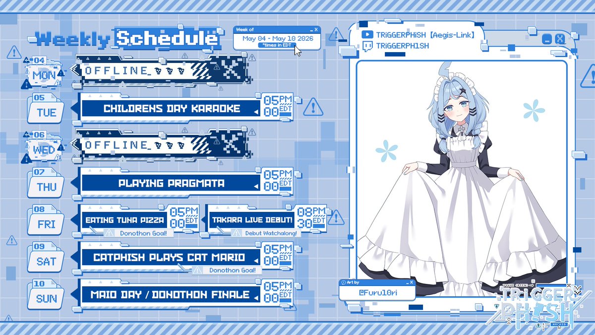 TRiGGERPH1SH's tweet photo. ❰❰❰ 𝗦 𝗖 𝗛 𝗘 𝗗 𝗨 𝗟 𝗘 ❱❱❱ 
📅Weekly Schedule Points!
- it's time to sing kamen rider openings again 🎤
- eating 🤮TUNA PIZZA 🤮 + cat mario 😐
- maid party for the donothon finale! 🫖

❰❰❰ 𝗧 𝗔 𝗚 𝗦 ❱❱❱
▸ 🌊general //  #triggerphish
▸ 📼clips //  #phishnclips
▸ 🎨art //  #phish_market 
▸ 🫣NSFW // #phishnets
▸ 😆memes // #phishy_business