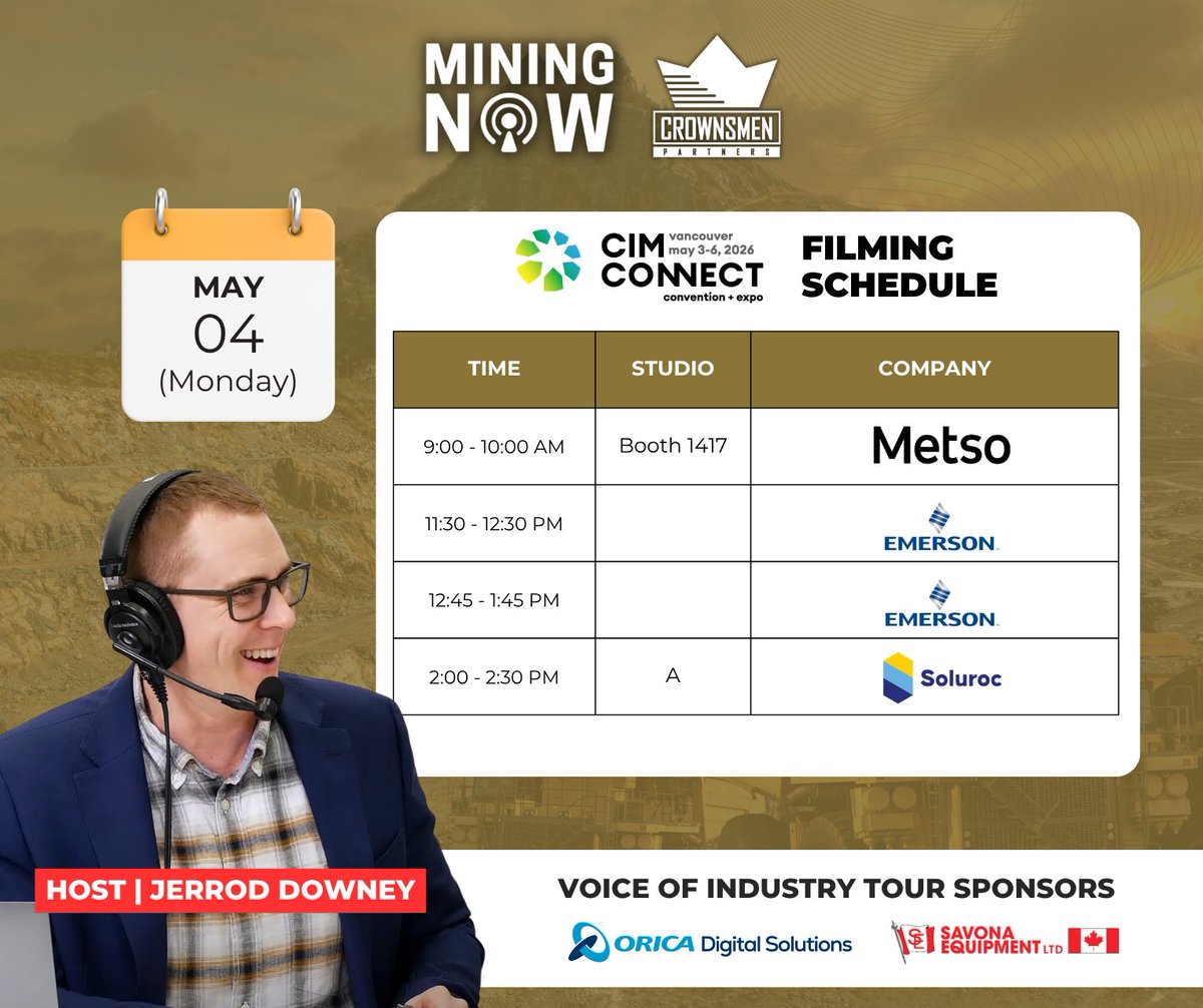 CrownsmenP's tweet image. Day 2 of filming Mining NOW at CIM CONNECT. Here's our filming schedule for today.

#CIMCONNECT #mining #videoproduction