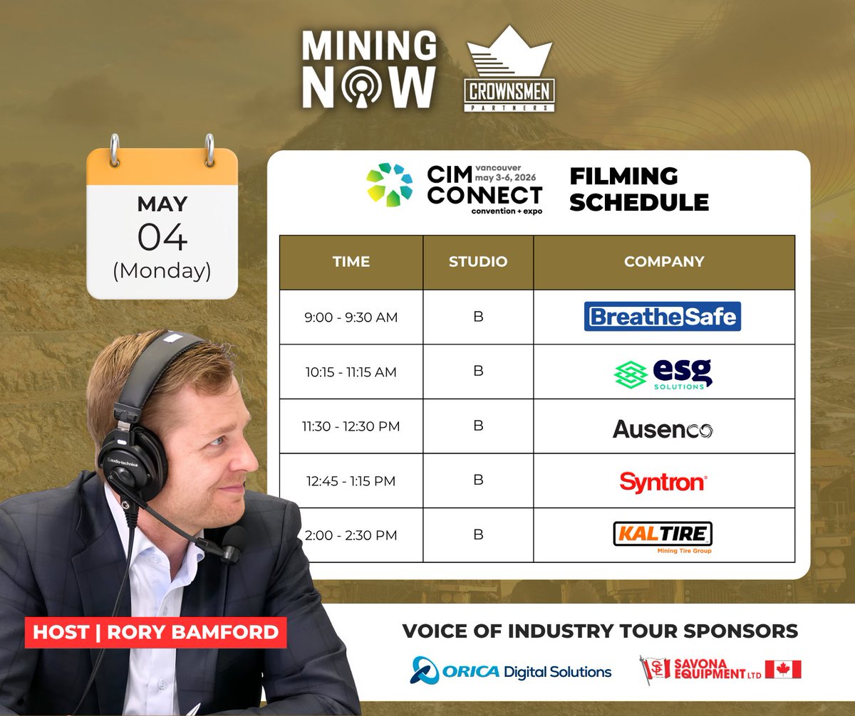 CrownsmenP's tweet image. Day 2 of filming Mining NOW at CIM CONNECT. Here's our filming schedule for today.

#CIMCONNECT #mining #videoproduction