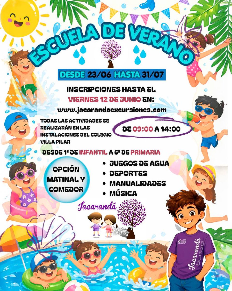 Escuela de Verano ☀️
Del 23 de junio al 31 de julio, de 9:00 a 14:00 h, para alumnos de 1.º de Infantil a 6.º de Primaria.
Juegos de agua 💦, deportes ⚽, música 🎶…
Con aula matinal ⏰ y comedor 🍽️.
Inscripciones hasta el 12 de junio 🗓️
ℹ️ en jacarandaexcursiones.com