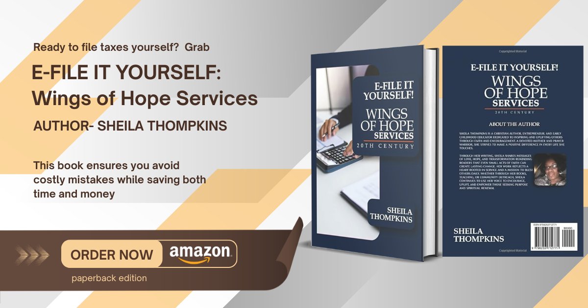dm_rahima's tweet image. 📙No more confusion! "E-FILE IT YOURSELF: Wings of Hope Services" by Sheila Thompkins (Paperback Edition) on Amazon makes filing taxes easy. Get your copy today.
🔗Buy Link- a.co/d/02LSbKzt
#TaxMadeEasy #BookPromo #AmazonBooks #MoneyMatters #FinanceLife