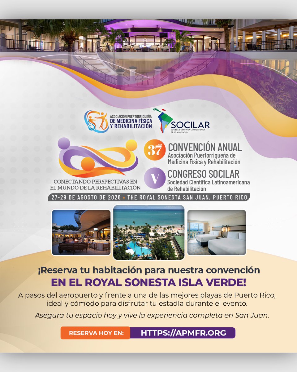 ACMFR's tweet photo. ¡Reserva tu habitación para nuestra convención en el Royal Sonesta Isla Verde!
A pasos del aeropuerto y frente a una de las mejores playas de Puerto Rico, ideal y cómodo para disfrutar tu estadía durante el evento. Accede a https://t.co/PWELMythed para reservar.
#MedicinaFisica https://t.co/jO2YAyrdz2