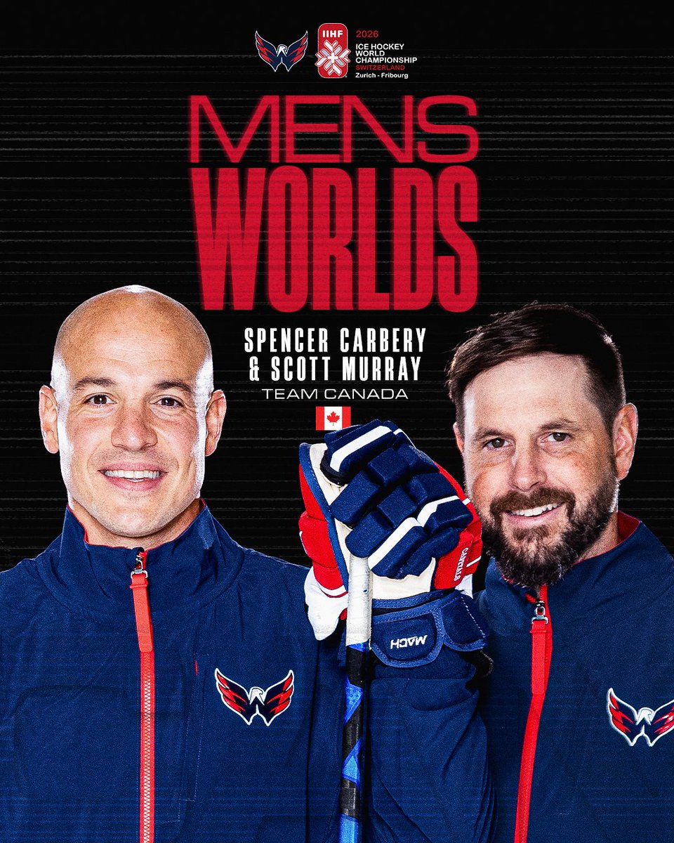 Capitals's tweet photo. Head coach Spencer Carbery and goaltending coach Scott Murray have been named to @HockeyCanada's coaching staff for the 2026 IIHF World Championship in Switzerland. 

Carbery will serve as an assistant coach and Murray will serve as goaltending consultant.