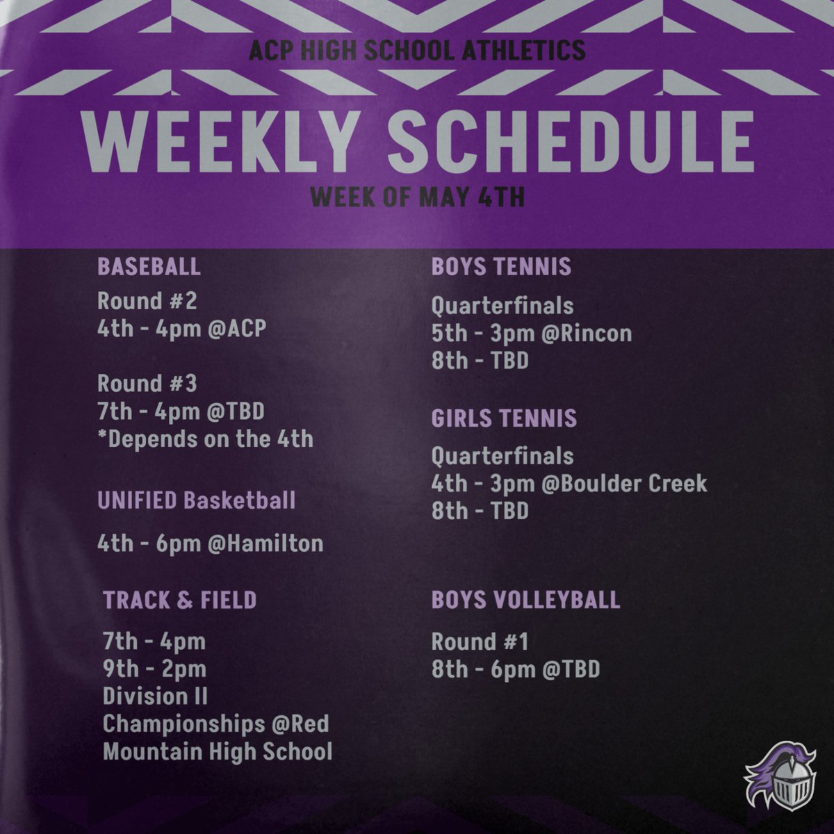 ACPAthletics's tweet photo. It might be Monday… but we’re still bringing the #SneakPeekSunday energy! Playoff time is HERE for ACP Athletics. Let’s show up, show out, and compete with purpose. #PlayoffTime #RoadToState #KnightPride #GameDay #Compete #ChampionshipMindset #WeAreACP @CUSDAthletics https://t.co/TouJfTcJQR
