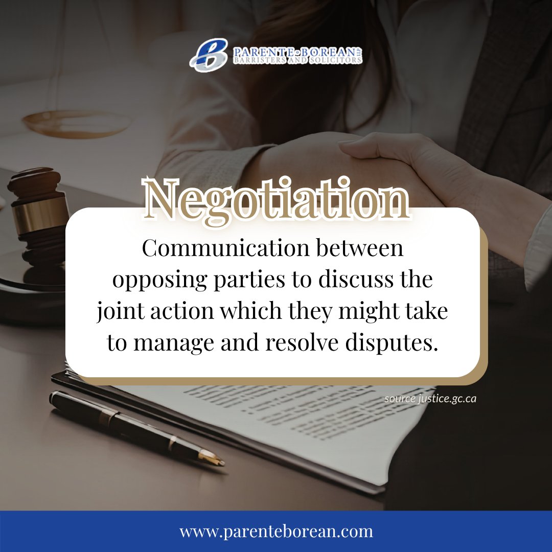 Parente_Borean's tweet image. What is a "negotiation"? 

At Parente Borean, we will work hard to negotiate in your best interest! ⚖️✨

#Negotiation #LegalTerm #LegalAdvice