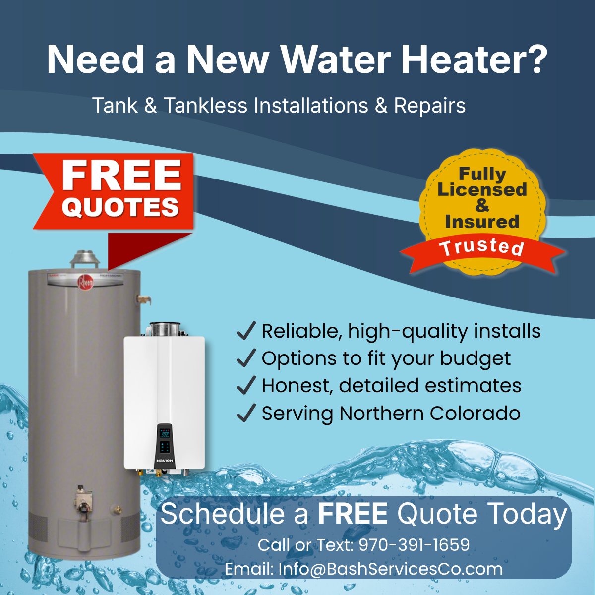 BASHplumbing's tweet photo. No hot water = not an option.
We install tank + tankless water heaters—affordable, reliable, and done right.
Licensed &amp; insured. No shortcuts.

 🌐https://t.co/M4nWFQLuF4
📞 970-391-1659
📧 Info@BashServicesCO.com
.
#Plumbing #WaterHeater #Tankless #HomeRepair #Colorado https://t.co/aIWqMuvgGs