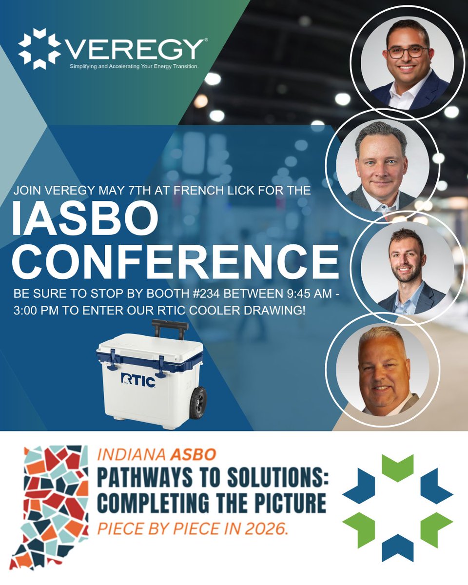 Veregy5's tweet image. Visit Veregy at booth 234 at the Indiana Association of School Business Officials Conference in French Lick Indiana. We’re excited to help take your school to the next level and look forward to meeting you and supporting your school’s future! #energyefficiency #sustainability