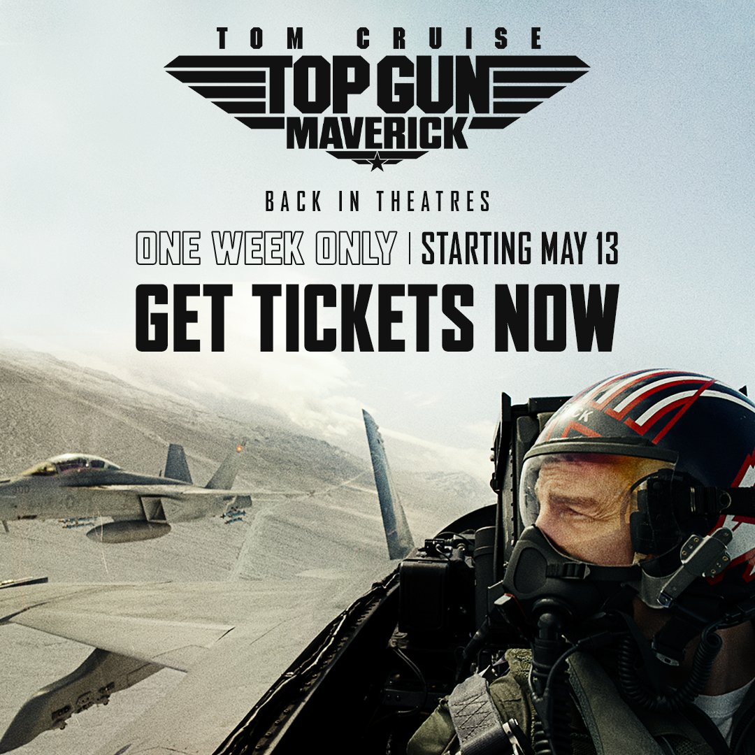 TopGunMovie's tweet photo. One week. One mission. Find the biggest screen to see TOP GUN and TOP GUN: MAVERICK in theatres May 13 for one week only! Get your tickets now: https://t.co/k6XpofqM2D #TopGun https://t.co/Sa0MKYwIpm