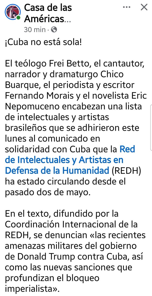 Destacadas personalidades brasileñas se suman al llamado divulgado por la Coordinación Internacional de la Red en Defensa de la Humanidad para denunciar las amenazas de agresión militar del gobierno de EEUU contra #Cuba. 
#CubaNoEstáSola

facebook.com/share/p/14cu4Z…