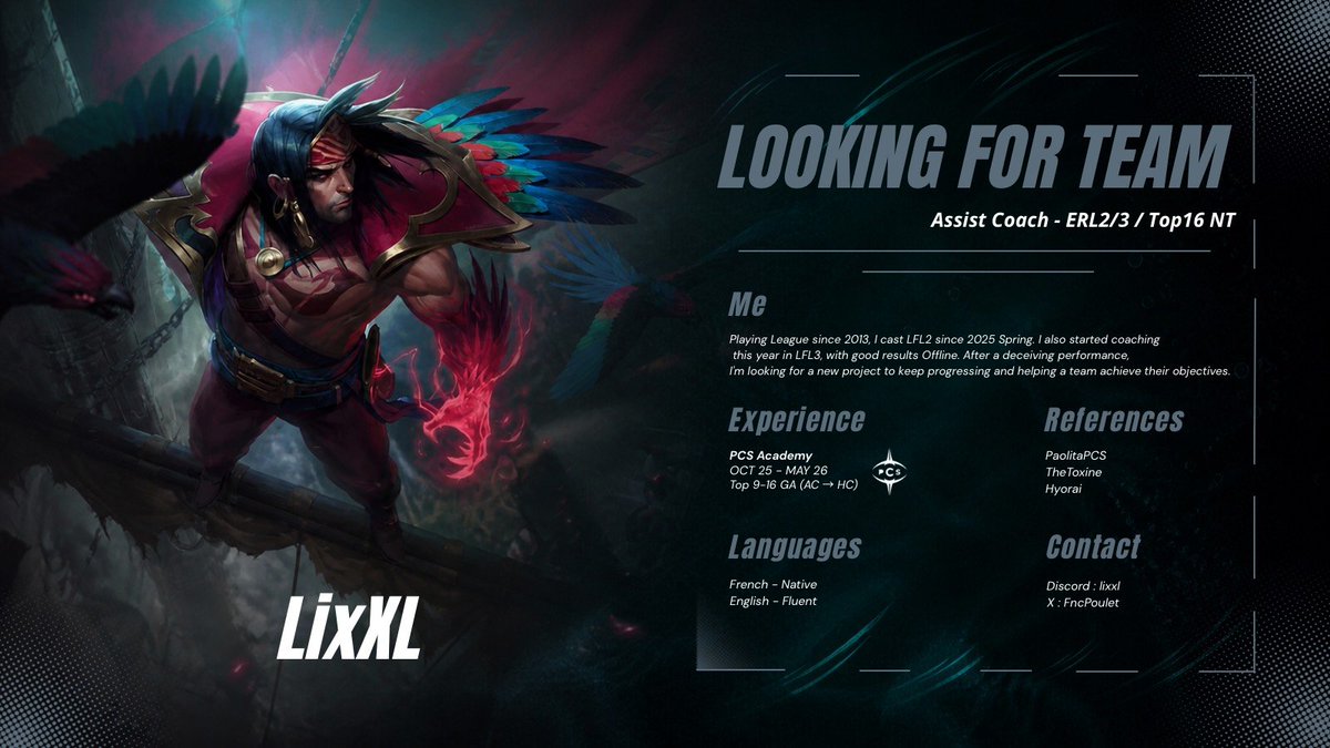FncPoulet's tweet photo. Après une demi-saison chez PCS Académie, je suis désormais à la recherche d'un nouveau projet en tant qu'Assistant Coach. Ouvert à toutes les propositions dans le haut de tableau NT ou ERL.
Vouchs et RT appréciés.
@LoL_LFT_Fr @LFT_LoL_EU @LFT_LOL https://t.co/A9XxH517Uy