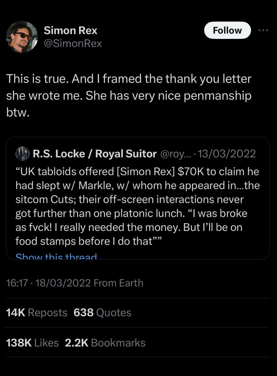 Simon Rex is a real one. Remember when the British tabloid tried to pay him to lie and say he slept with Meghan and he turned them down even though he said he was broke? Some people are decent and he definitely is. <a href="/notcapnamerica/">chris evans</a>