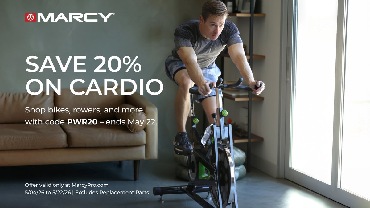 MarcyFitness's tweet photo. Ready. Set. GO! 

Save 20% Off Cardio Items at https://t.co/3nj48l62yq 

*Offer valid through May 22, 2026 | Excludes Replacement Parts

#marcyfitness #cardio #fitness #lifestyle #cycletrainer #rowingmachine #recumbentbike #uprightbike #fanbike https://t.co/NWpBRRWo4c