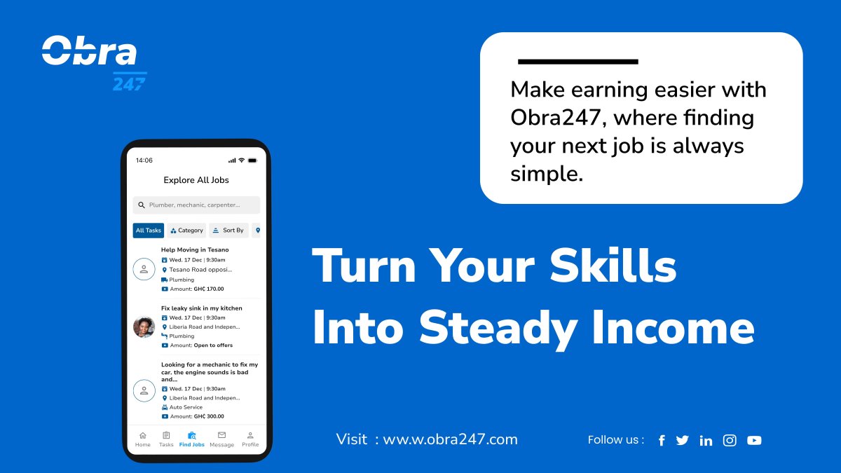 obra247app's tweet photo. Stop chasing jobs. Let the jobs come to you. 

Start earning with Obra247 
Join out launch list🚀 
https://t.co/tbMjysD38a 

#obra247 #marketplace #ghanatrends #ghanatech https://t.co/MQkeBYtbNb