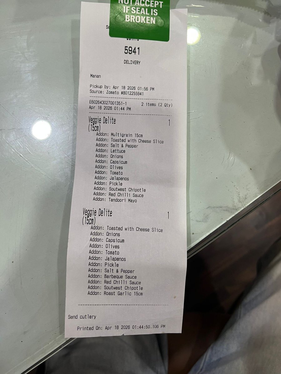 Himank32's tweet photo. CRITICAL MEDICAL NEGLIGENCE by @SubwayIndia &amp; @zomatocare. Order #8012255941.
​Despite explicit allergen warnings (NO Lettuce/Cucumber), Subway Girish Park delivered a contaminated sandwich, causing a severe medical emergency &amp; ₹2500 doctor fee. A thread. 🧵
#ConsumerRights https://t.co/JveNdT3cj1