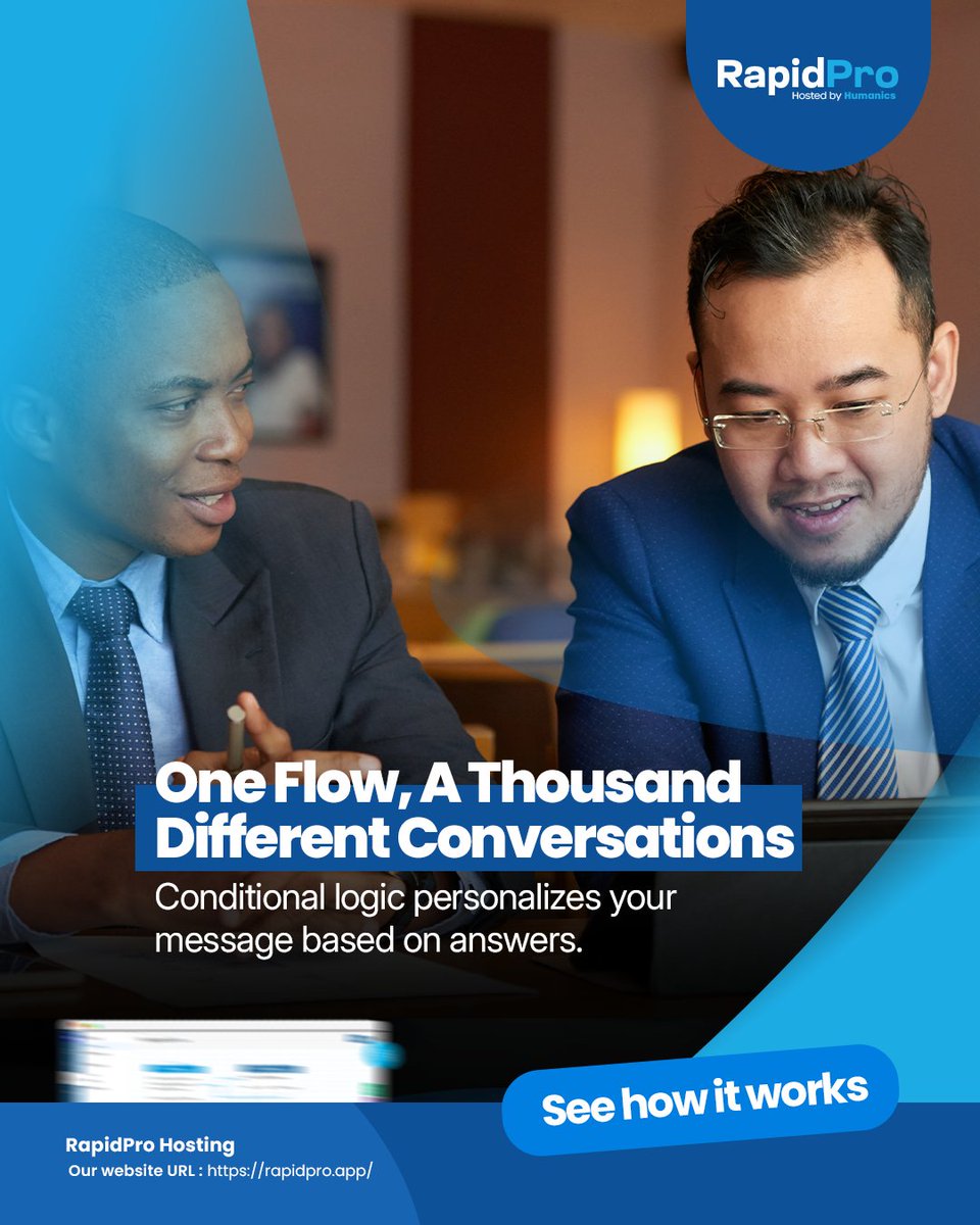 Rapidpro_App's tweet photo. 1 RapidPro flow. 1,000 different conversation paths. 

Conditional logic branches every contact based on their answer, no manual sorting, no duplicate flows. 

Personalization at the field scale. 

https://t.co/LUJSBgtDhN 

#RapidPro #HumanitarianTech #NGOTech https://t.co/5l0jI1Or6g