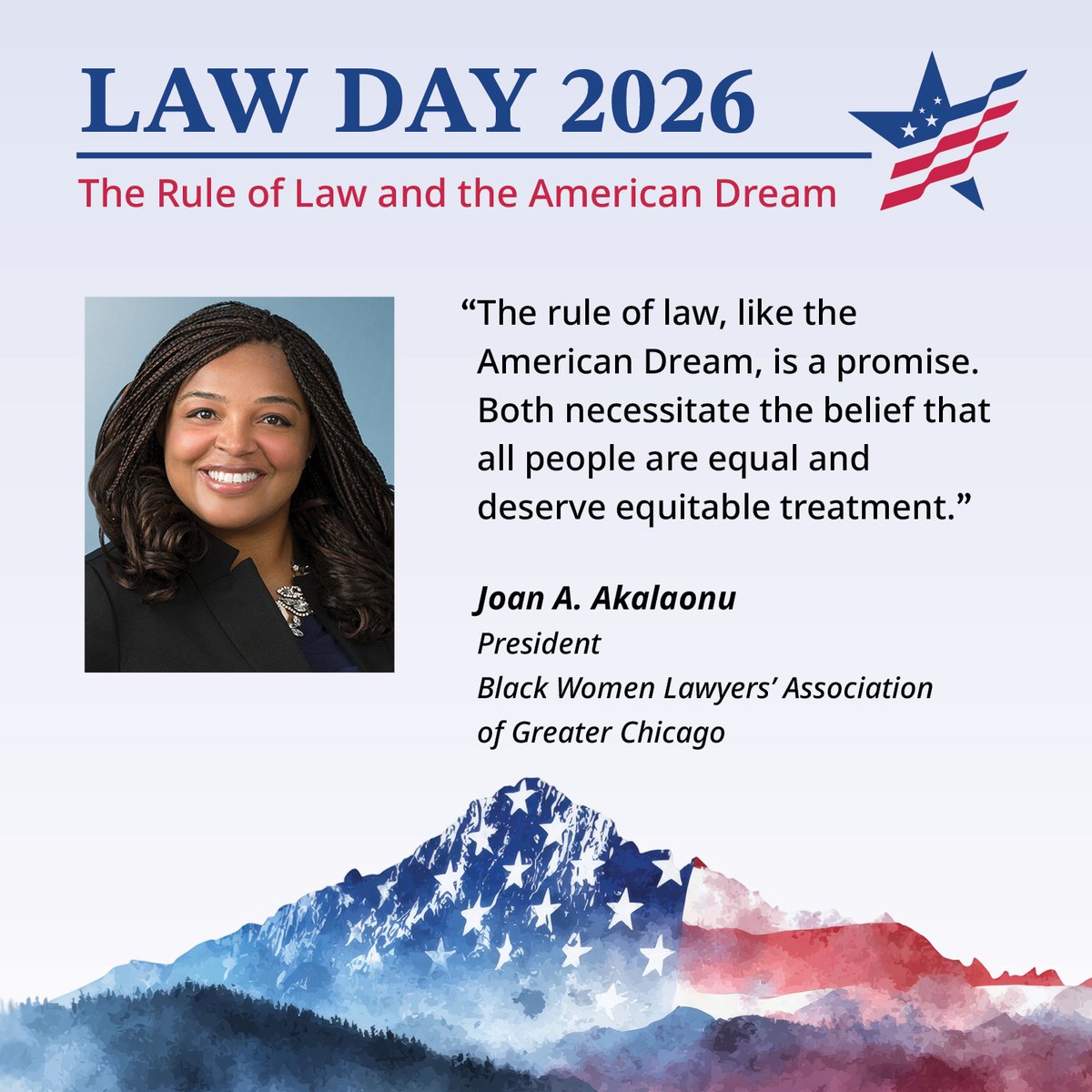 CDLB's tweet photo. Law Day Letters: Illinois legal leaders sound off on this year’s Law Day theme: “The Rule of Law and the American Dream.” Read the essay by Joan A. Akalaonu, President of the Black Women Lawyers’ Association of Greater Chicago at https://t.co/cJ0y5XgLBK. (Free to read.) https://t.co/SoXawJZchx