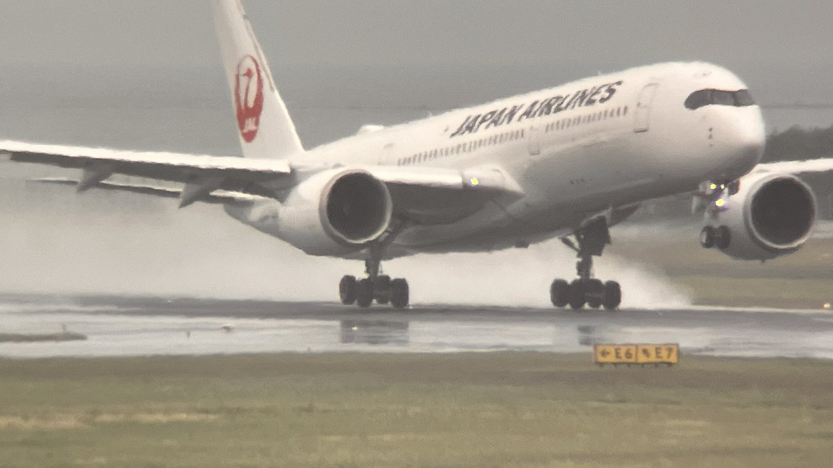 black7speed's tweet image. 雨の醍醐味✈️機体は新しい18号機✨エアバスはプッシュバックも、離陸も優雅で毎回見惚れちゃう🥰#JAL #ja18xj #a350 #那覇空港