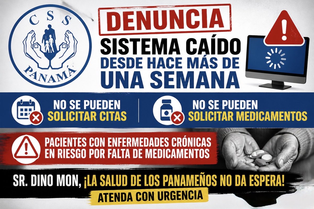 raulpinedav's tweet photo. Pacientes de la CSS (Policlínica Manuel Ferrer Valdés) siguen sin poder solicitar medicamentos ni citas: el sistema lleva más de una semana caído.

No es una falla técnica, es un riesgo de vida para pacientes crónicos.

La salud de los panameños no espera. https://t.co/5Nc6zMBUgH
