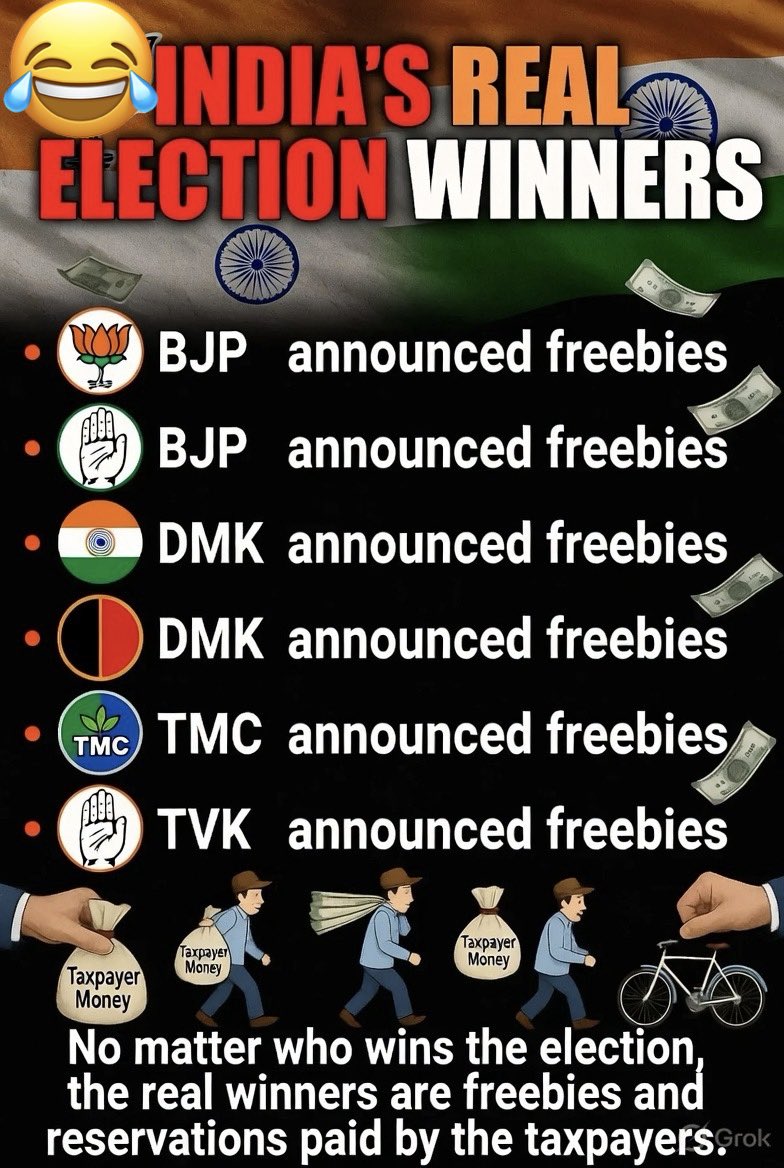 No matter who wins, the taxpayer always loses.
• BJP announced freebies
• Congress announced freebies
• DMK announced freebies
• TMC announced freebies
• TVK announced freebies
Freebies + Reservations = Election Special.

The real winners are paid directly from your pocket.