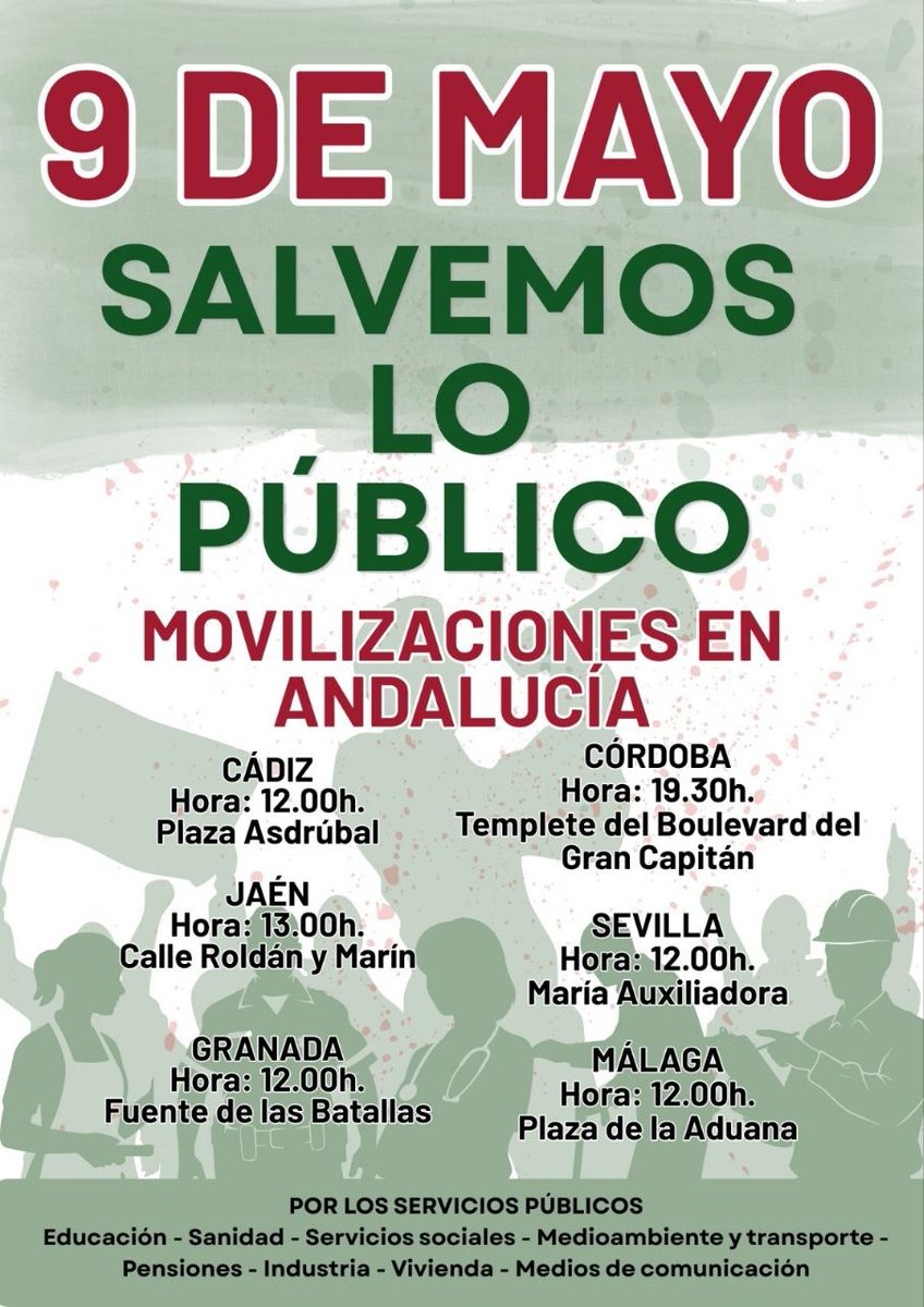 usteasindicato's tweet photo. El sábado 9 de mayo estaremos defendiendo los servicios públicos en varias capitales andaluzas: Cádiz, Córdoba, Granada, Jaén, Málaga y Sevilla. 
#SalvemosLoPúblico 
#USTEA https://t.co/bGvcH2xfRs