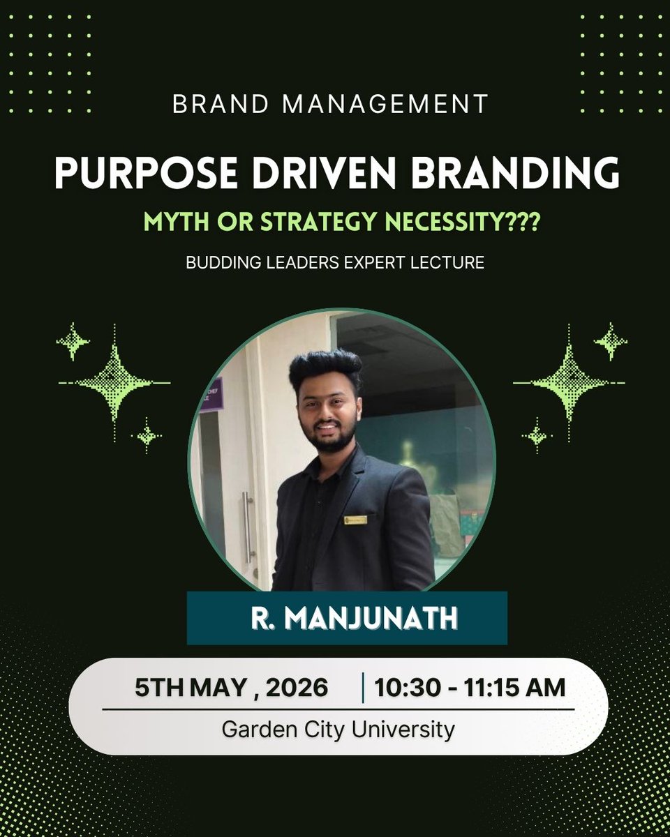 RManjunath8431's tweet photo. Honored. Grateful. Truly excited. ✨

On 5th May 2026, I have the privilege of speaking at Garden City University on a topic that I believe is shaping the future of marketing:

“Purpose-Driven Branding: Myth or Strategic Necessity?” https://t.co/TQ4EvNIpo1