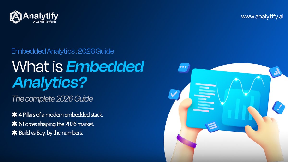 Analytifyai's tweet photo. Why is embedded analytics becoming essential for modern SaaS products in 2026?

From AI-driven insights to in-app dashboards, businesses want faster decisions and better user experiences.

Read the guide. 
 https://t.co/1AcEBYn6gq

#EmbeddedAnalytics #AnalytifyAI #SaaS #AI https://t.co/rAthsJtkXr