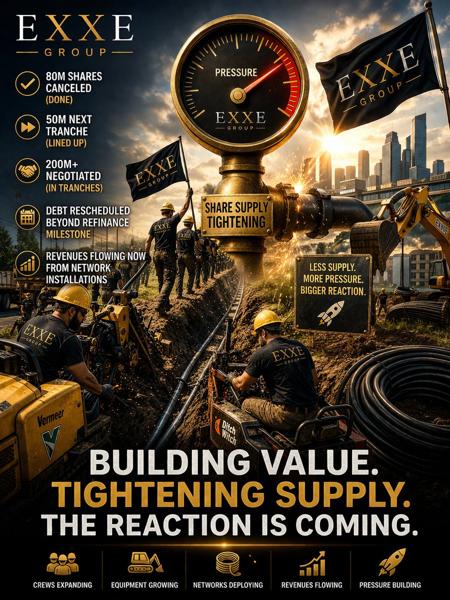 exxegroup's tweet photo. $AXXA Past week: #EXXE advanced both #platform execution and #capital structure optimization:
* 80M shares canceled, next 50M reduction lined up
* 200M+ additional reductions negotiated in tranches!
* Major convertible reductions/rescheduling nearing finalization
* Debt repayments extended beyond key refi milestones
* Officer comp restructuring tied to stock performance
Operations continue scaling:
>Network installation revenues contribute to EXXE platform
>Crew & equipment expansion driving near-term growth
Operations build value.
Structure tightens supply.
Pressure creates reaction.
$AXXA #ExxeGroup #ShareStructure #Infrastructure