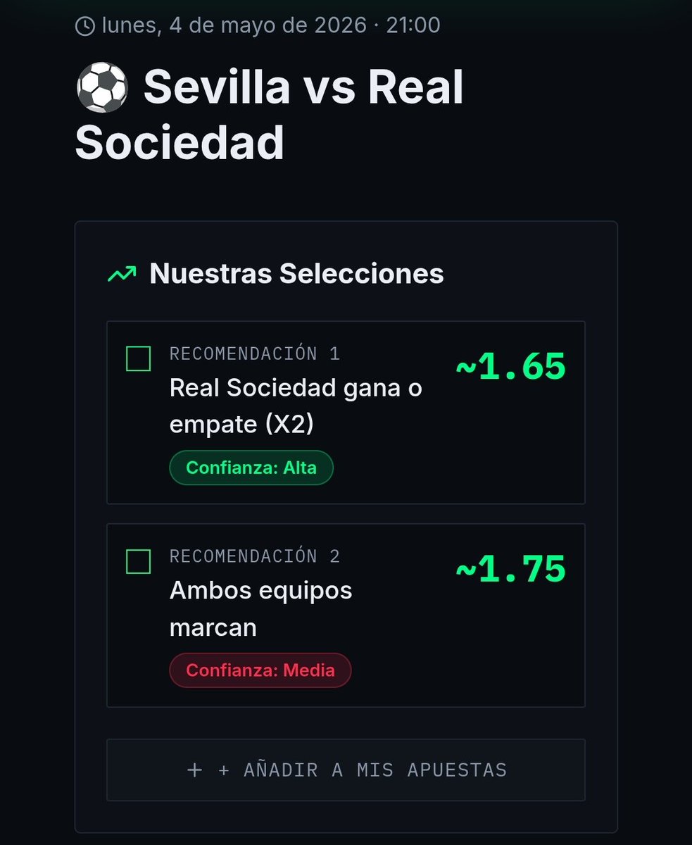 betstratify's tweet image. ⚽️ LALIGA | Sevilla vs Real Sociedad (21:00)
✅ Pick Principal: Real Sociedad o Empate (X2)
📊 Confianza: Alta
⚡️ Cuota: ~1.65
👇 Análisis completo y +100 pronósticos aquí:
betstratify.com/pronosticos
#SevillaFC #RealSociedad #LaLiga