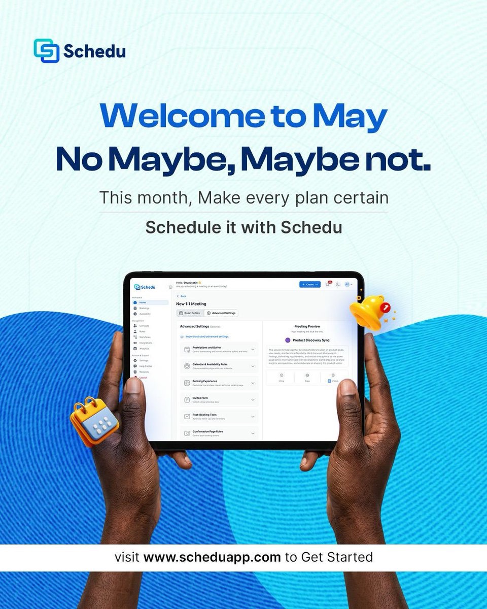 ScheduApp's tweet photo. May is not for "maybe".
It’s for execution.
Every plan. Every meeting. Every deal scheduled.
Make it certain with Schedu.
#schedulingapp #Schedu #Scheduling #onlinescheduling #schedulingsoftware #schedulingtool https://t.co/zJqAcrFeta