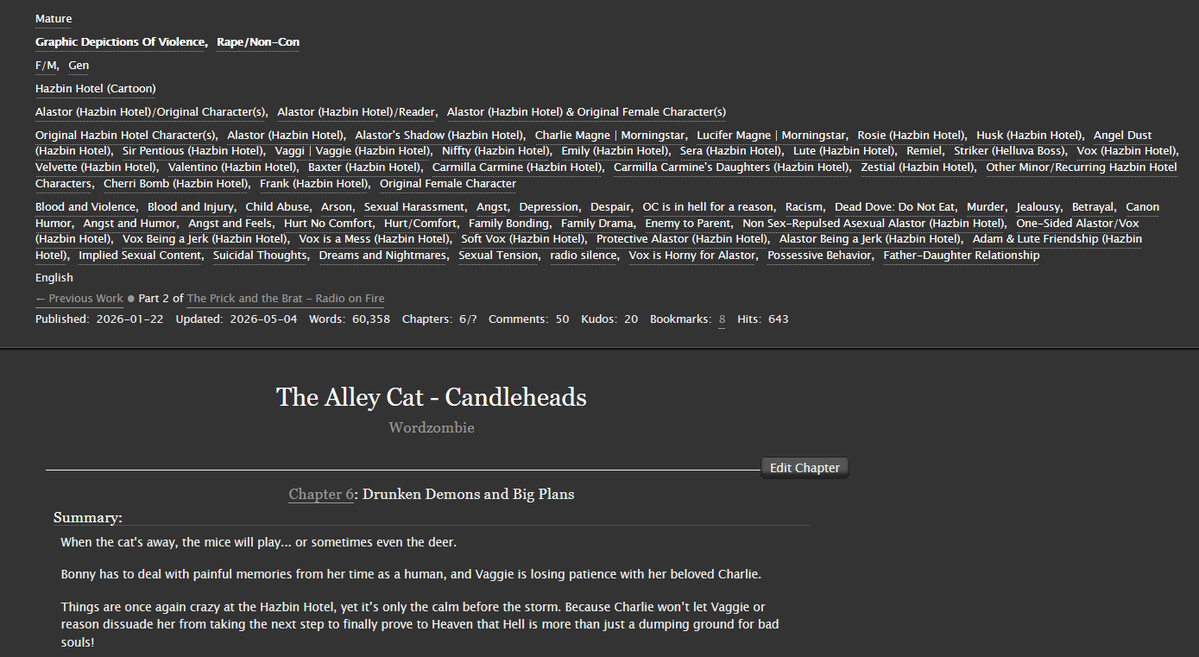 BWordzombie's tweet image. Hey, guys!❤️ The next chapter of my Hazbin FanFiction series, “The Alley Cat,” is now online 🐱🔥 Dark humor, bitter drama, and canon-style humor await you! Every Feedback is welcome!🙏🙏🙏

archiveofourown.org/works/78106376…

#hazbinhotel #hazbinhotelalastor #hazbinhoteloc