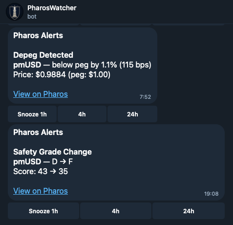 lordjorx's tweet photo. Pharos saved me from a complete wipeout.

I've been talking about @Raacfi and pmUSD for months. The concept is solid, but this last FUD campaign destroyed it. 

I know the collateral wasn't great, but I had some confidence from the outside. I say "from the outside" because I'm not from the @CurveFinance religion.

Being backed by Curve is not the same as having @newmichwill actually building on your team. 

I owe @Pharos a lot. They run due diligence on stablecoin infrastructure. Bots that alert you to depeg events. A TG channel where they talk about what is happening in the sector every day, etc...

They added a feature recently that lets you set custom thresholds. If a stablecoin depegs 3%, the bot pings you, and you just exit. If it's just a 1%, which was normal for pmUSD, you can wait it out. A 3% is another thing...

My alarm went off, and I sold. I ate a 3% loss instead of what others are facing now, which is much worse.

Due diligence tools aren't optional anymore.