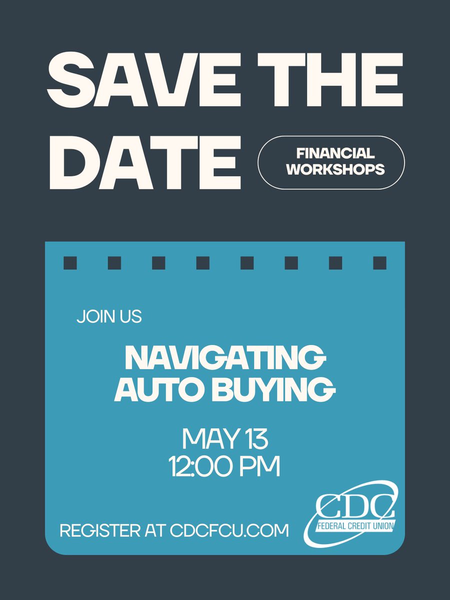 cdcfcu's tweet image. 📅 Save the Date

Join us for our upcoming financial workshop: Navigating Auto Buying

🗓 May 13
⏰ 12:00 PM

🔗 Register:
zoom.us/webinar/regist…

#AutoBuying #CarBuyingTips #FinancialEducation #CDCFCU #CreditUnion #Banking