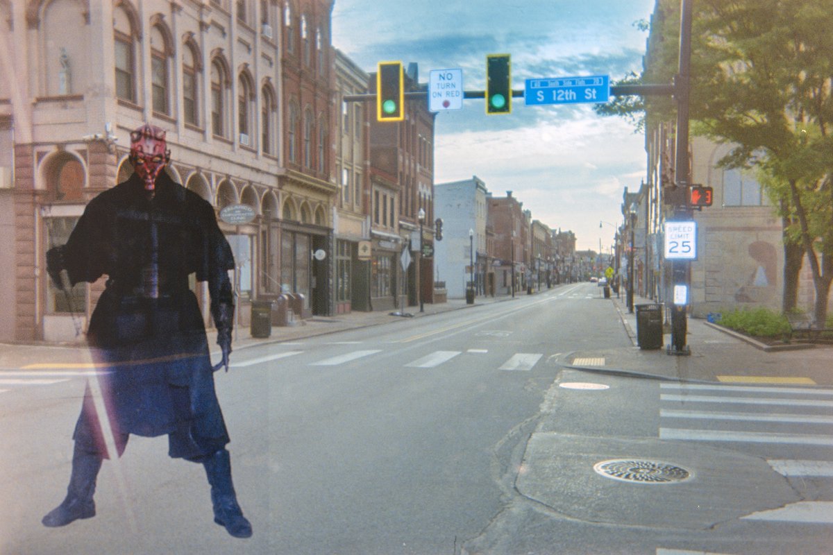 DaveDiCello's tweet photo. These are 35mm film images capturing on a camera that was released for 'The Phantom Menance' that projects Star Wars characters directly onto the film. While composing these scenes in #Pittsburgh was a little tough because I couldn't see the characters, they came out so cool! https://t.co/AzJvT97BRZ