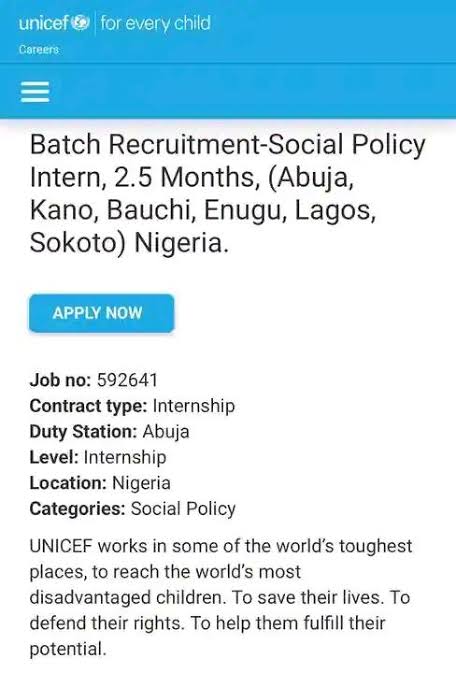 aa_damilola's tweet photo. UNICEF is recruiting student interns across multiple Nigerian locations (including Abuja, Kano, Lagos, etc.) for a 2.5-month Social Policy Internship. The role provides hands-on experience in supporting social policy programmes focused on improving child welfare and protection.

Deadline: May 8th, 2026

Key Responsibilities

Support programme planning, implementation, monitoring, and evaluation

Assist in data analysis and report writing for social protection advocacy

Help coordinate technical support on social policy, public finance, and governance

Ensure data quality and compliance with project standards

Prepare data-driven insights and reports

Assist with meeting coordination and logistics with government partners