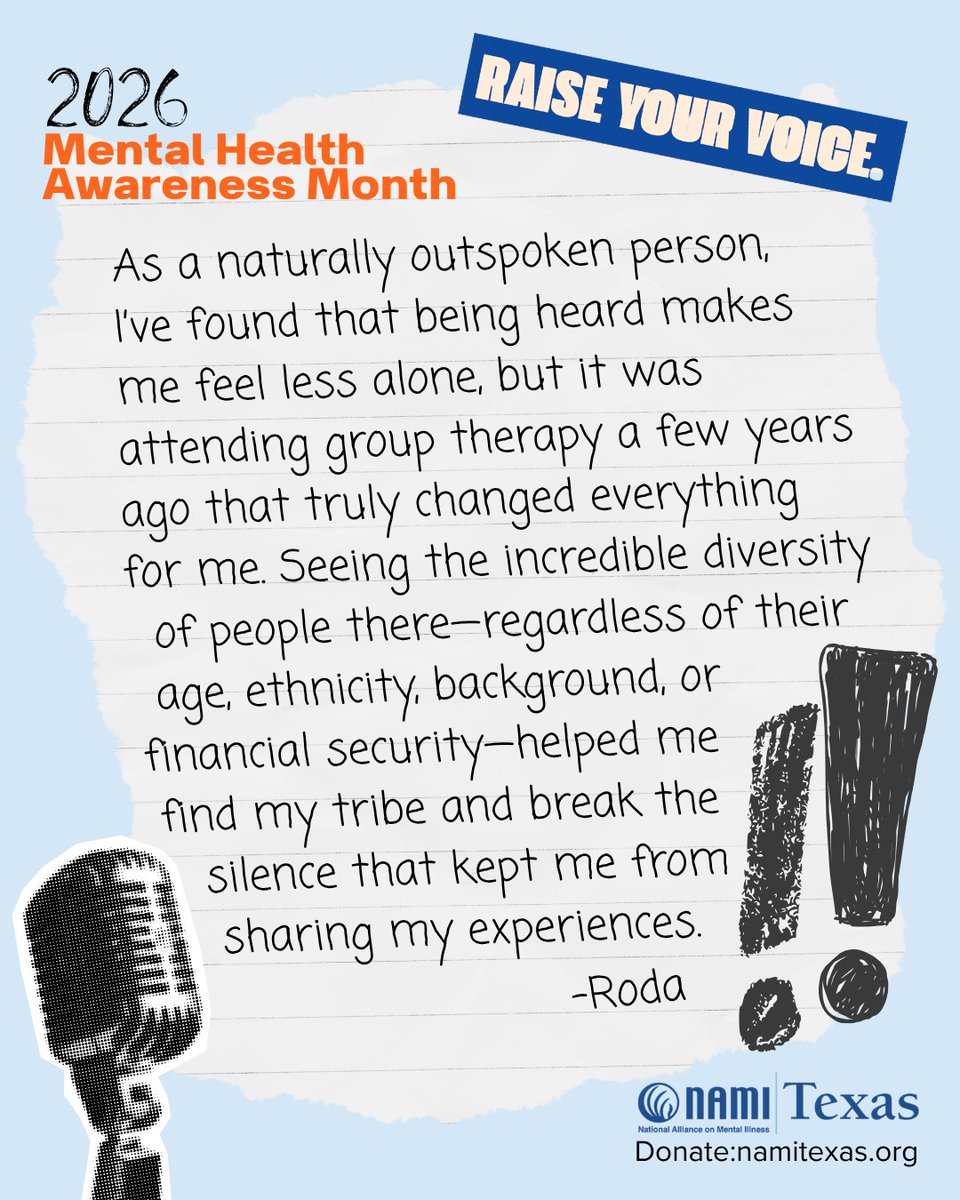 NAMITexas's tweet image. ‼️🎙️💬"...I’ve found that being heard makes me feel less alone, but it was attending group therapy a few years ago that truly changed everything for me." -Roda 💚 Make an Impact: ow.ly/2hoI50YUyWg Learn more: namitexas.org #MentalHealthMonth #MentalHealthAwareness