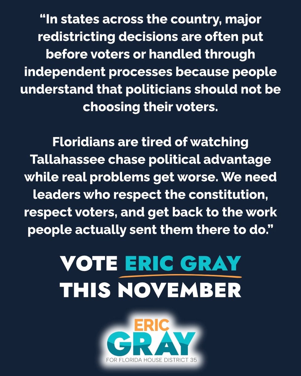 ericgrayforfl's tweet image. At a time when families are struggling to afford rent, groceries, and basic necessities, Representative Booth decided that protecting the partisan advantage was more important than protecting her constituents.

This is partisan politics at its worst.
#redistricting #gerrymander