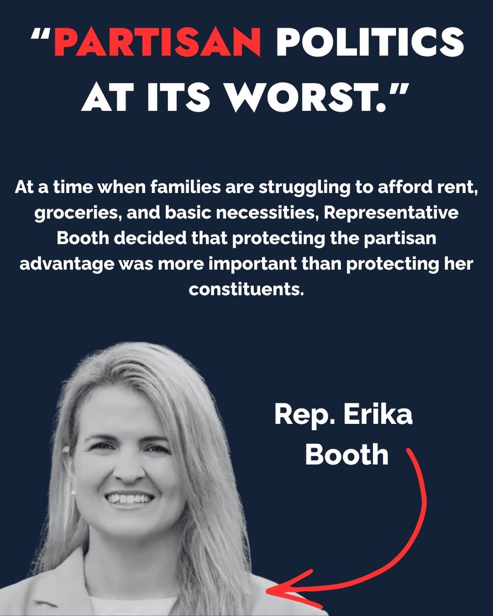 ericgrayforfl's tweet image. At a time when families are struggling to afford rent, groceries, and basic necessities, Representative Booth decided that protecting the partisan advantage was more important than protecting her constituents.

This is partisan politics at its worst.
#redistricting #gerrymander