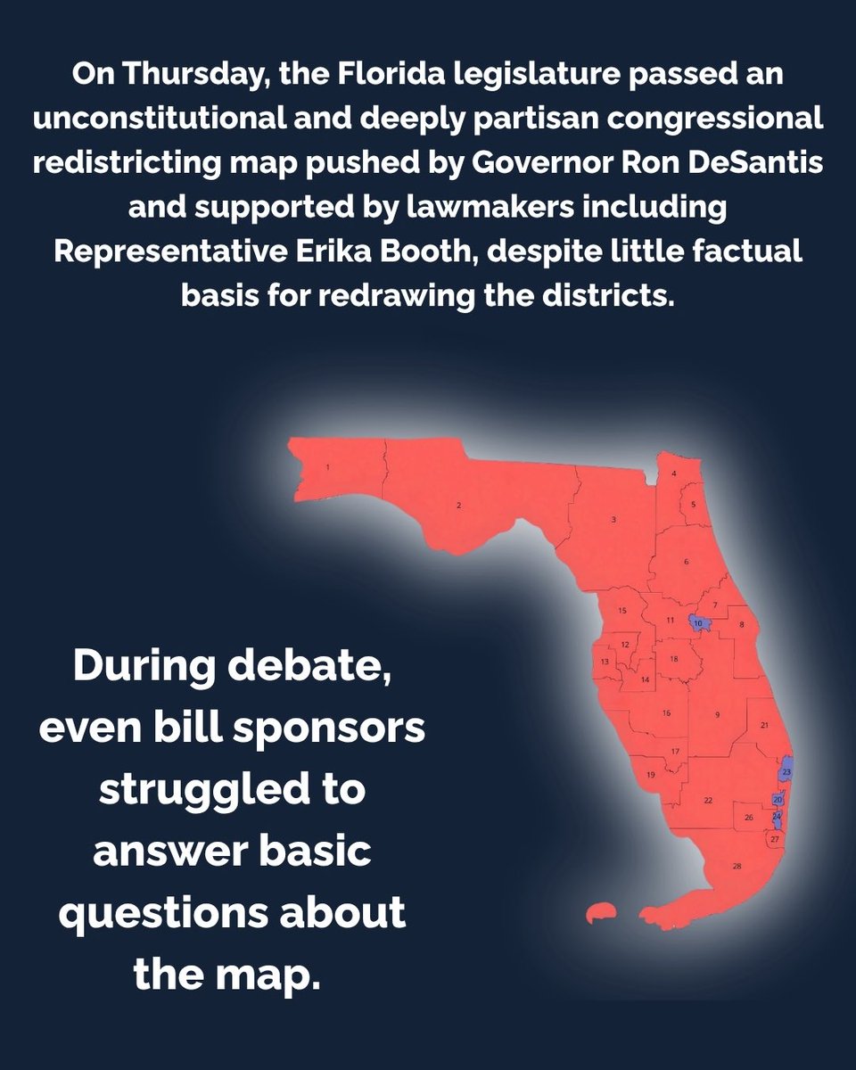 ericgrayforfl's tweet image. At a time when families are struggling to afford rent, groceries, and basic necessities, Representative Booth decided that protecting the partisan advantage was more important than protecting her constituents.

This is partisan politics at its worst.
#redistricting #gerrymander