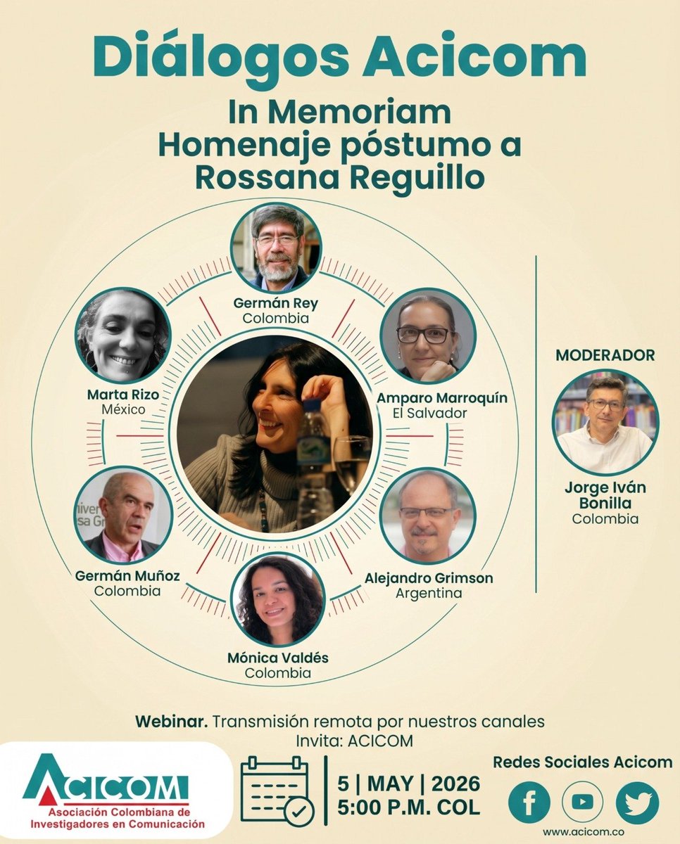 PlataformaUPB's tweet image. #Cultural | 🎙️ ACICOM invita a Diálogos Acicom In Memoriam, homenaje a Rossana Reguillo. Panel con Germán Rey, Marta Rizo, Amparo Marroquín, Alejandro Grimson, Germán Muñoz y Mónica Valdés.
🗓️ 5 mayo | 🕔 5:00 p.m.

▶️ youtube.com/live/FzKGy1i4C…