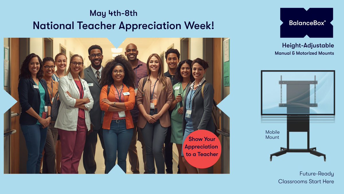 BalanceBox_'s tweet photo. *National Teacher Appreciation Week; May 4th-8th*
Don't forget to show a teacher how much they mean to you this week. We 🧡 all our teachers! Thank you for making a difference.
https://t.co/XXNlLvq2BR
#BalanceBox #AdjustableScreenMounts #HeightAdjustableMount
#TeacherAppreciation https://t.co/IwxYUEG6oo