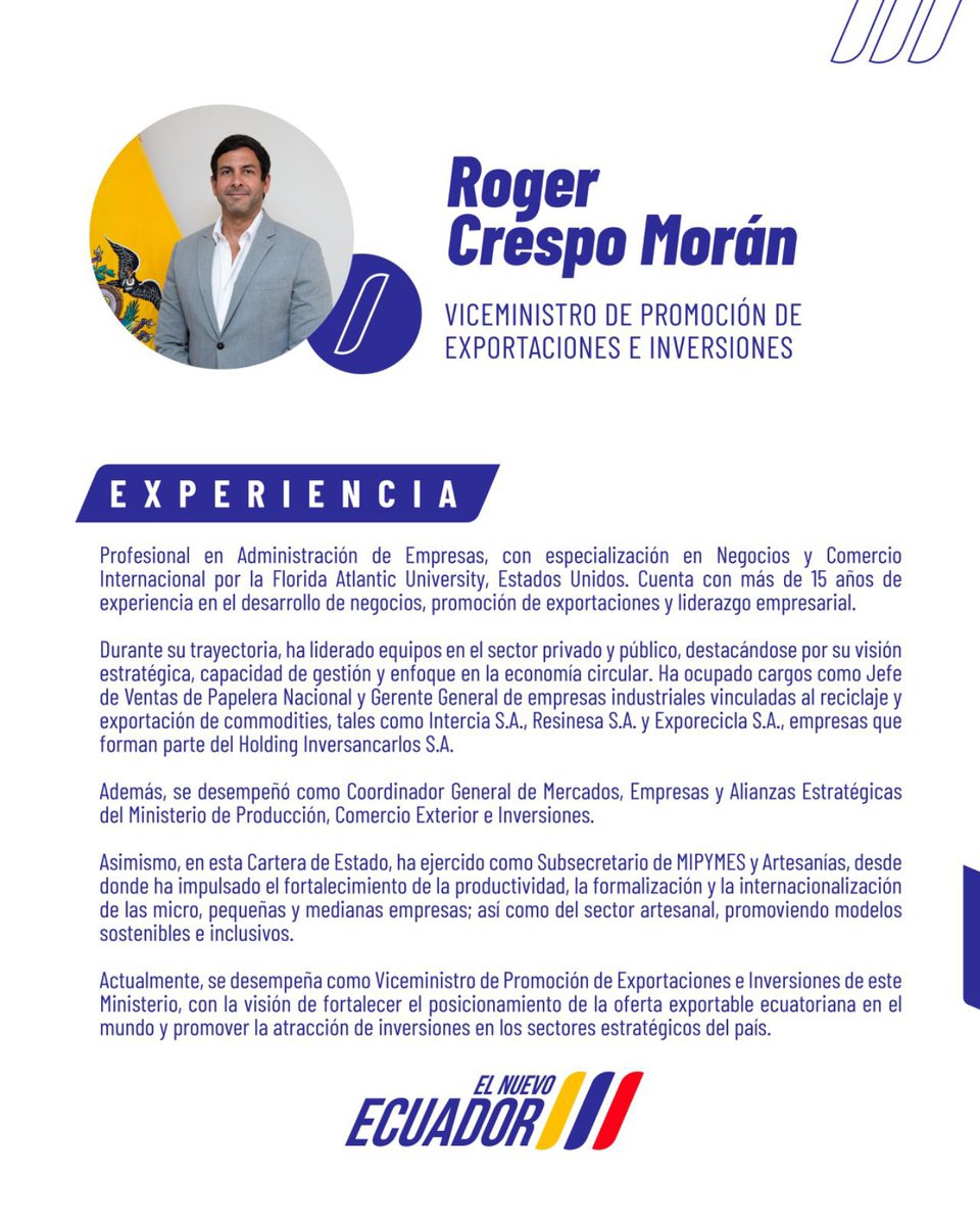 Produccion_Ecu's tweet photo. Damos la bienvenida al nuevo Viceministro de Promoción de Exportaciones e Inversiones, Roger Crespo Morán, con la visión de fortalecer el posicionamiento de la oferta exportable ecuatoriana en el mundo🌎 y promover la atracción de inversiones en los sectores estratégicos del país https://t.co/y3titIHZfa