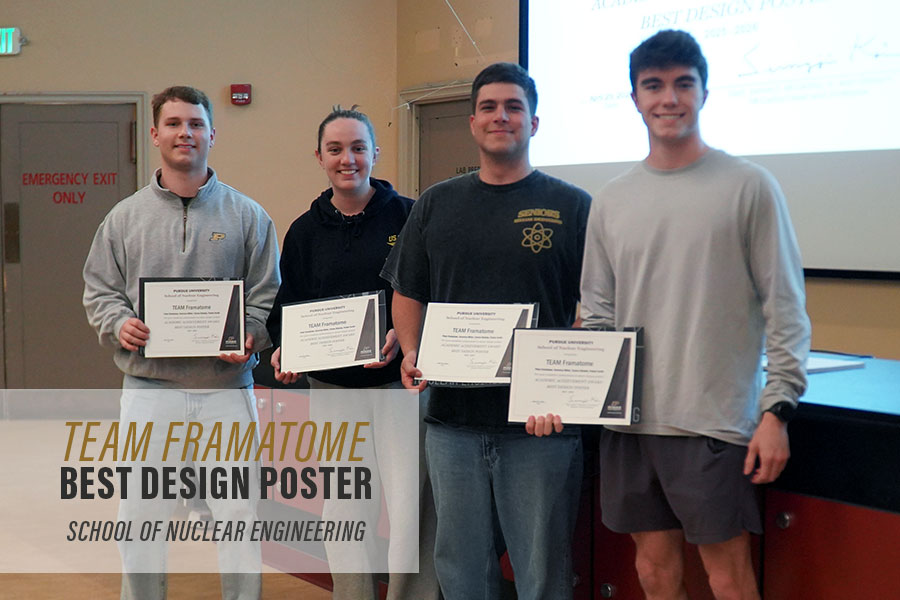 PurdueNuclear's tweet photo. Team Framatome takes Best Design Poster (Peter Bradshaw, Veronica Miller, Tyrone Shields, Parker Smith). Stella Betts (Outstanding Leadership Award), Bradley Sapoff (Outstanding Senior Award), and Bradshaw, Smith, Gavin Jester and Everett Nally for undergrad research scholarships https://t.co/1Julvc2CQV