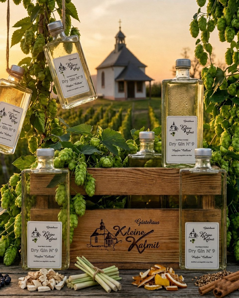 Kleine_Kalmit's tweet image. Unser Gästehaus Kleine Kalmit Dry Gin N°9 mit Aromahopfen "Callista" bei den Botanicals.  südpfalz-shop.de #gin #drygin #hopfengin #hopfen #ginmithopfen #pfalzgin #pfälzergin #hopfencallista #südpfalzshop #gästehauskleinekalmit #rebsortengin  #ginshop Bild mit KI erstellt