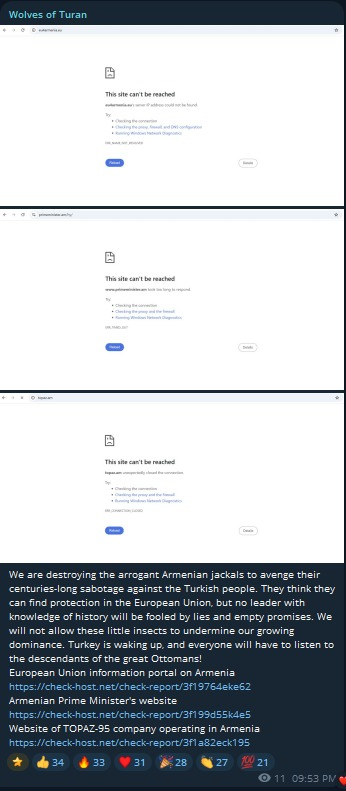 FalconFeedsio's tweet photo. 🚨DDoS Alert🇦🇲

Wolves of Turan claims to have targeted multiple websites in Armenia.
* European Union
* The Office to the Prime Minister of the Republic of Armenia
* TOPAZ 95 https://t.co/DD9PyGQhwL