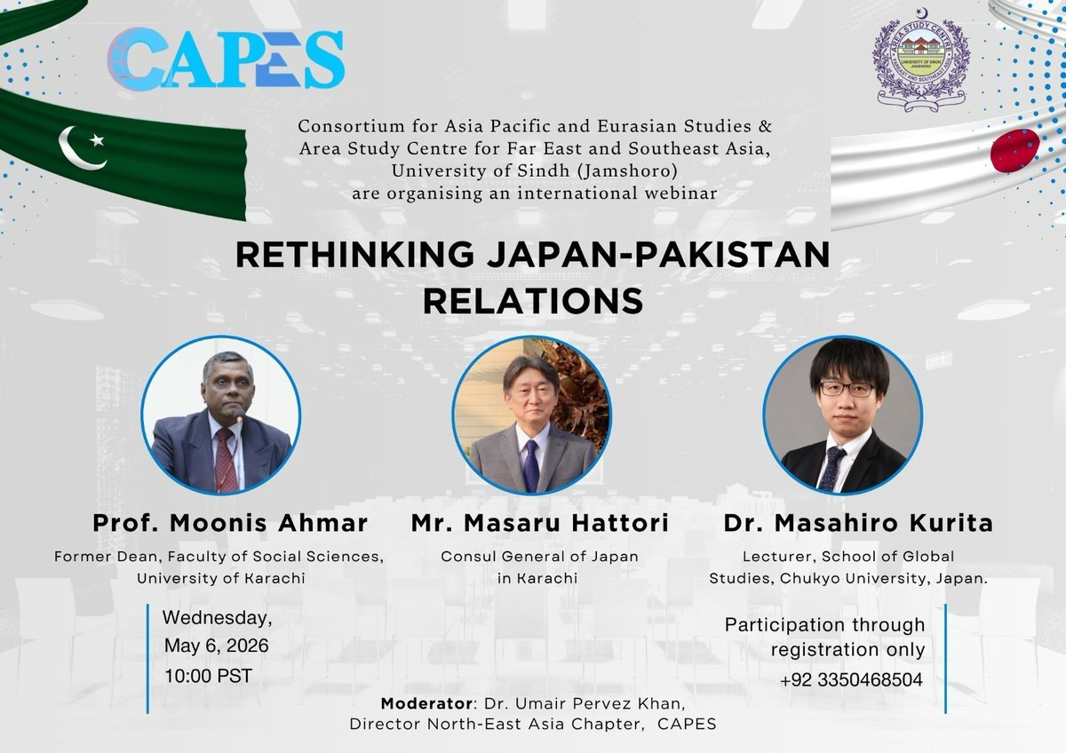 ASC_FESEA's tweet photo. CAPES in colloboration with ASC FESEA organizing webinar on "Rethinking Japan-Pakistan Relations" on 6th May 2026. https://t.co/wHyMpJI8mT