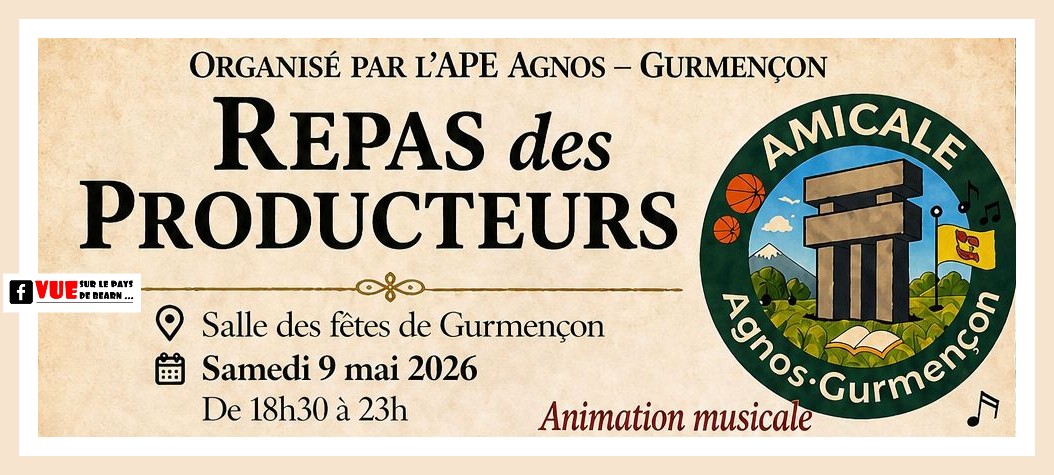 Repas des Producteurs 2026
Samedi 9 mai à Gurmençon

Menu et resa
vuesurlespyrenees.blogspot.com/2026/05/repas-…

Organisé par L’APE Agnos-Gurmençon 
une soirée gourmande et festive

#bearn #gastronomie #terroir #pyrenees