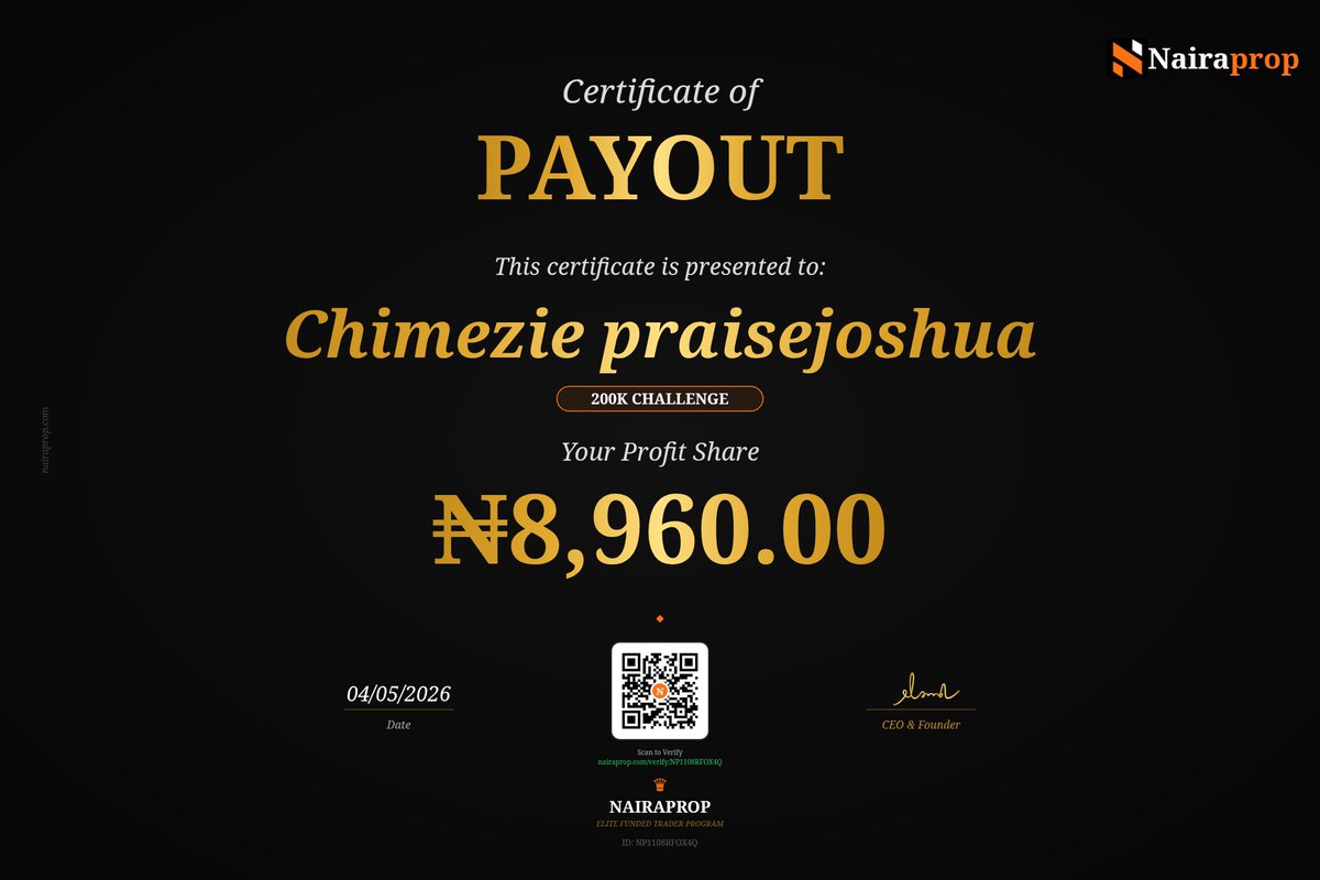 PraiseThaVegan's tweet image. 🏆 Just received my ₦8,960.00 payout from @NairaProp! Successfully completed the 200K Challenge as a Funded Trader! 🚀💰 #NairaProp #FundedTrader #PropFirm #TradingSuccess