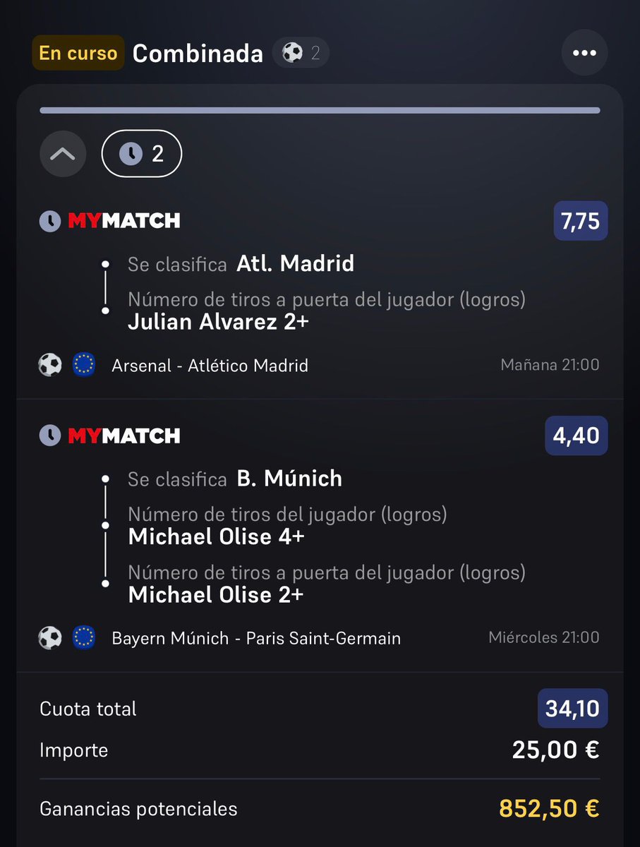 Ya que todo el mundo está enviando auténticas fumadas para ganar dinero gracias a vosotros  con el cierre de apuesta 🧐, os dejo ya esta cuota 34 de Champions.

Tranquilos, la mía o se gana o se pierde no hay más opciones 🤝😂